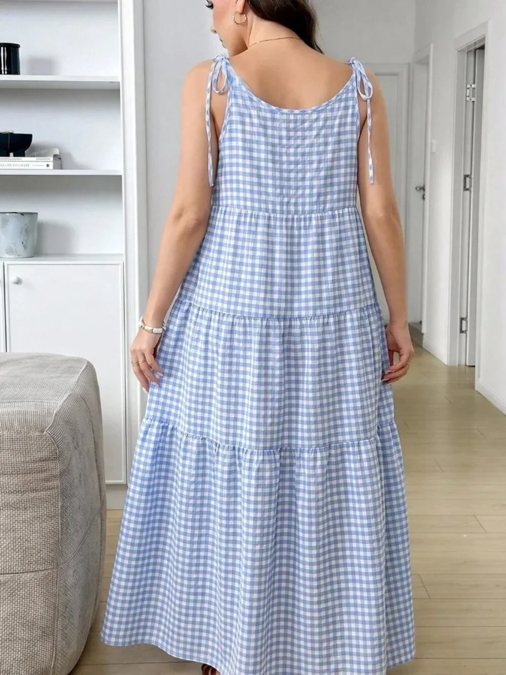 Blue and White Casual Women's Loose Geometric Plaid Spaghetti Strap Long Dress